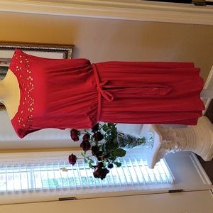 Madison Mosaic Pink sleeveless embroidered dress elastic waist with tie XL New